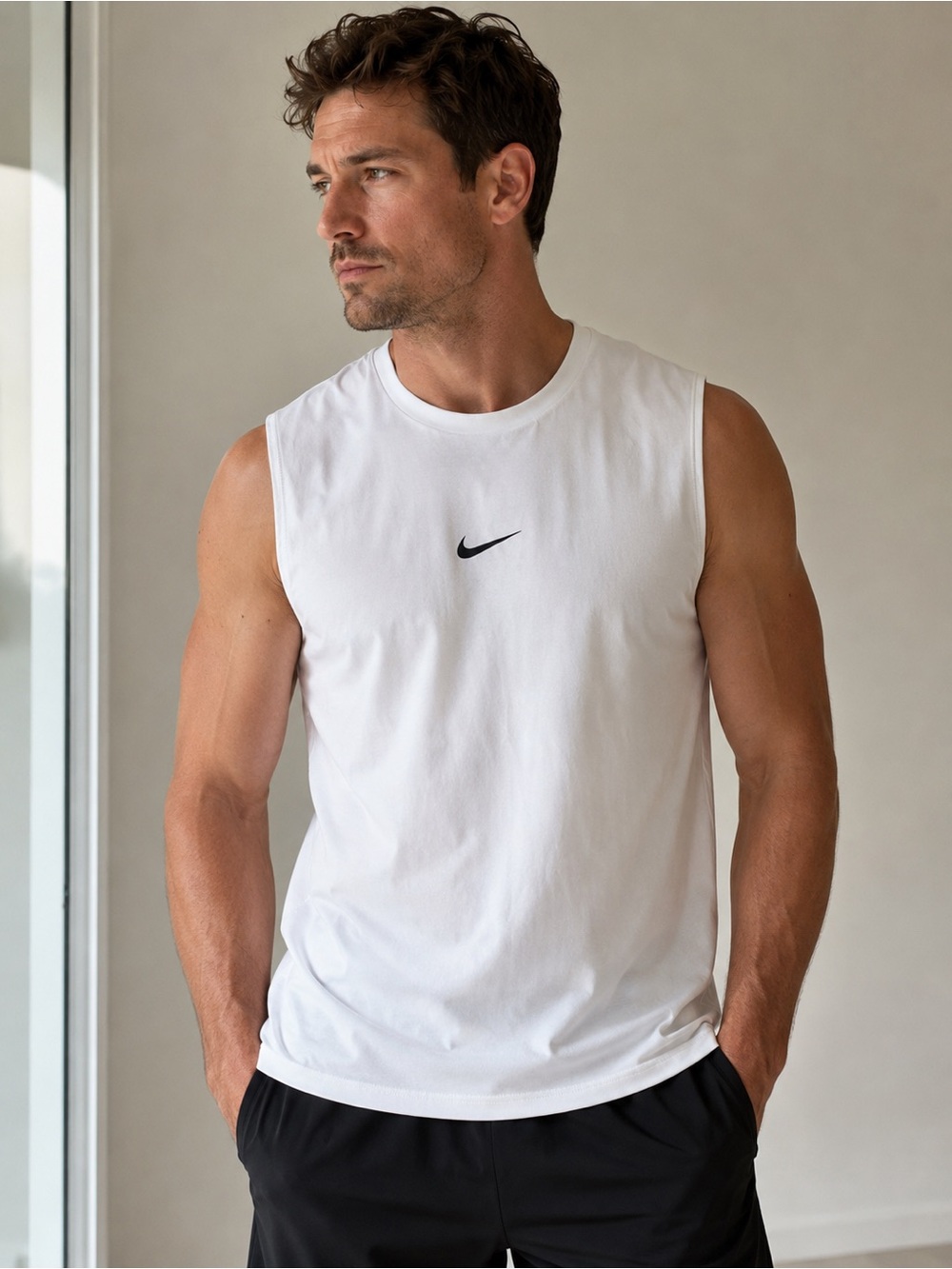 Nike White Men’s Sleeveless Athletic Tank with Black Swoosh